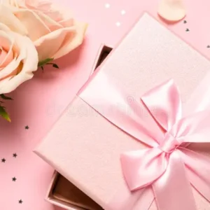 elegant gift box beautiful flowers confetti pink background flat lay 204964400