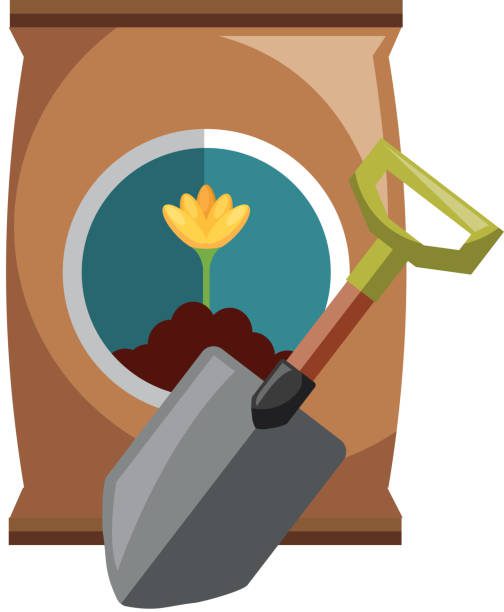 gardening shovel with bag of fertilizer vector illustration design