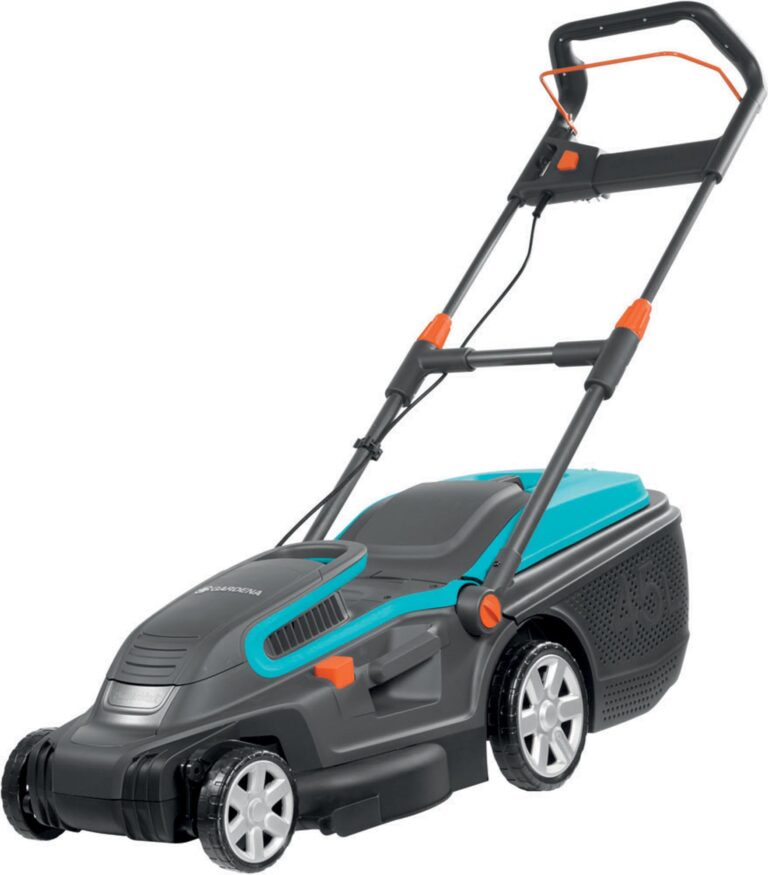 Ηλεκτρική χλοοκοπτική μηχανή Gardena Powermax 1800/42 με μπλε και μαύρο χρώμα.