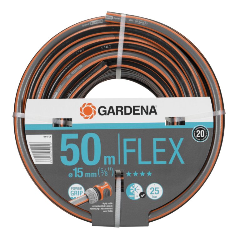 Εξωτερικό λάστιχο Gardena Flex 50 μέτρα, μαύρο και πορτοκαλί.