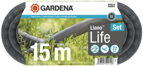 Υφασμάτινο λάστιχο Gardena Liano Life 15 μέτρα με ακροφύσιο.