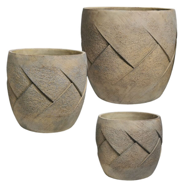 Κασπω τσιμεντενιο σετ/3 καφε αναγλυφο χιαστι παλαιωμενο - l:φ31x30, m:φ25.5x24.5, s:φ20x19.5cm 54/παλ